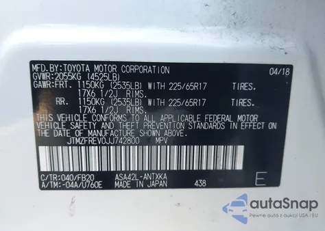 2018 Toyota Rav4 Le z USA, uszkodzony, nr VIN JTMZFREV0JJ742800